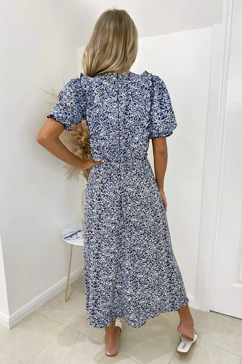 Blue Printed Ruffle Split Leg Midi Dress sold by AX Paris product image thumbnail 5