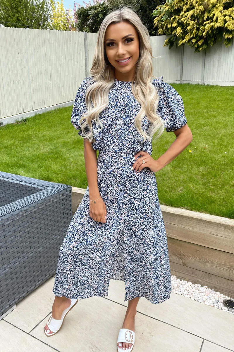 Blue Printed Ruffle Split Leg Midi Dress sold by AX Paris product image thumbnail 3