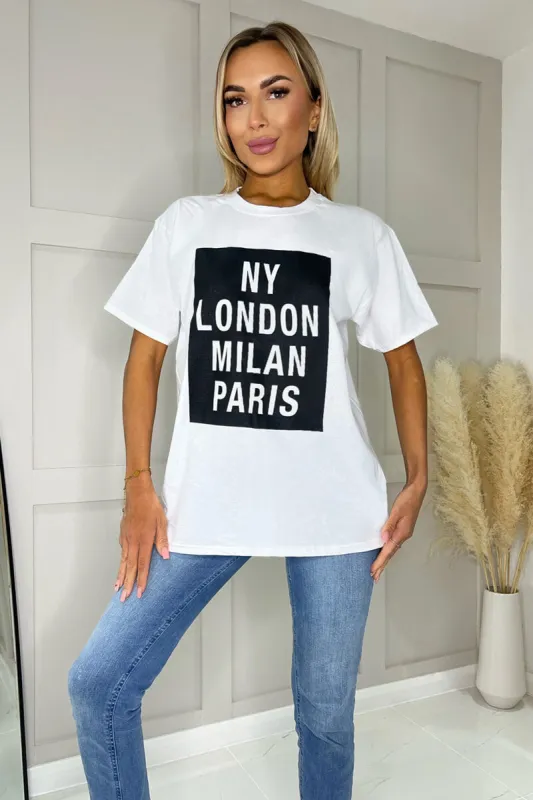 White NY London Milan Paris Slogan T-Shirt sold by AX Paris
