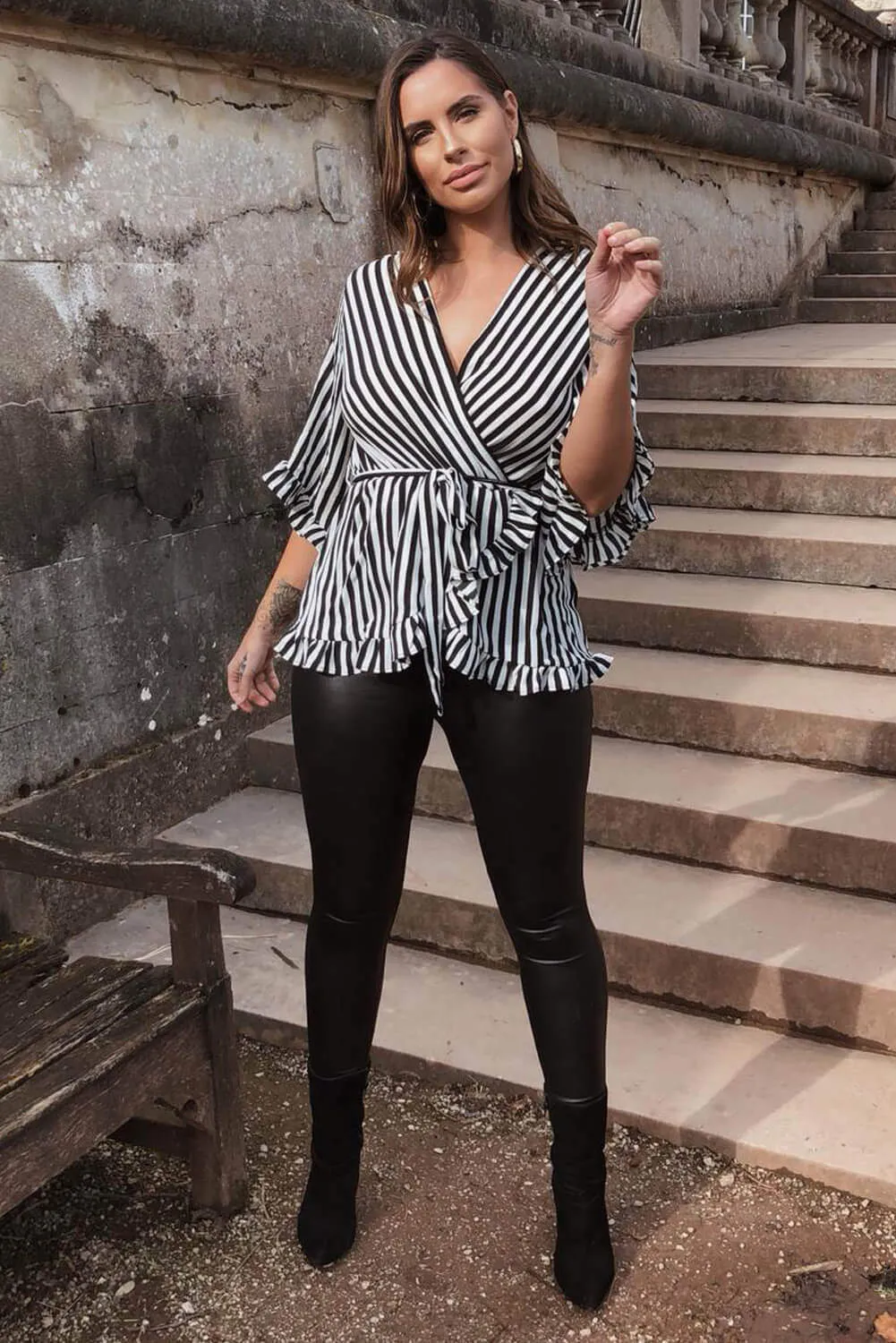 Black Striped Frill Top sold by AX Paris