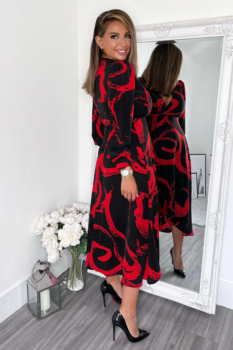 Black and Red Long Sleeve Wrap Midi Dress sold by AX Paris product image thumbnail 4