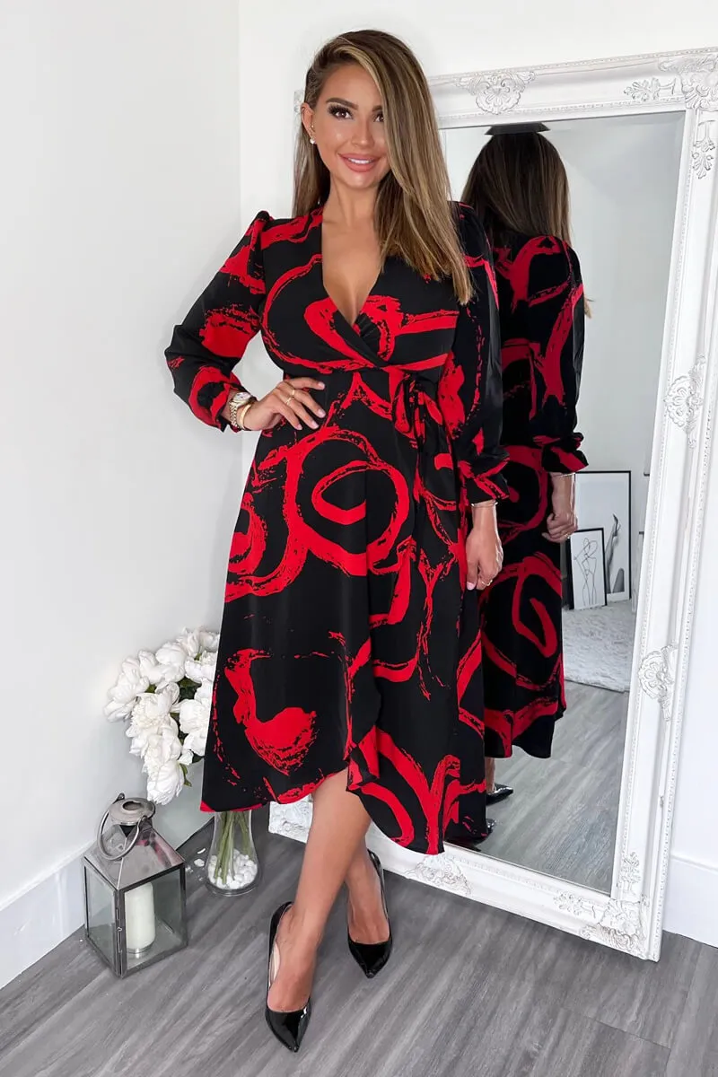 Black and Red Long Sleeve Wrap Midi Dress sold by AX Paris