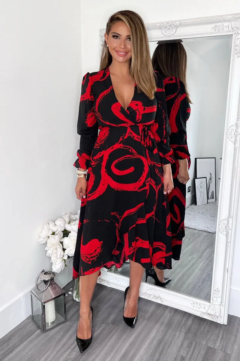 Black and Red Long Sleeve Wrap Midi Dress sold by AX Paris product image thumbnail 2