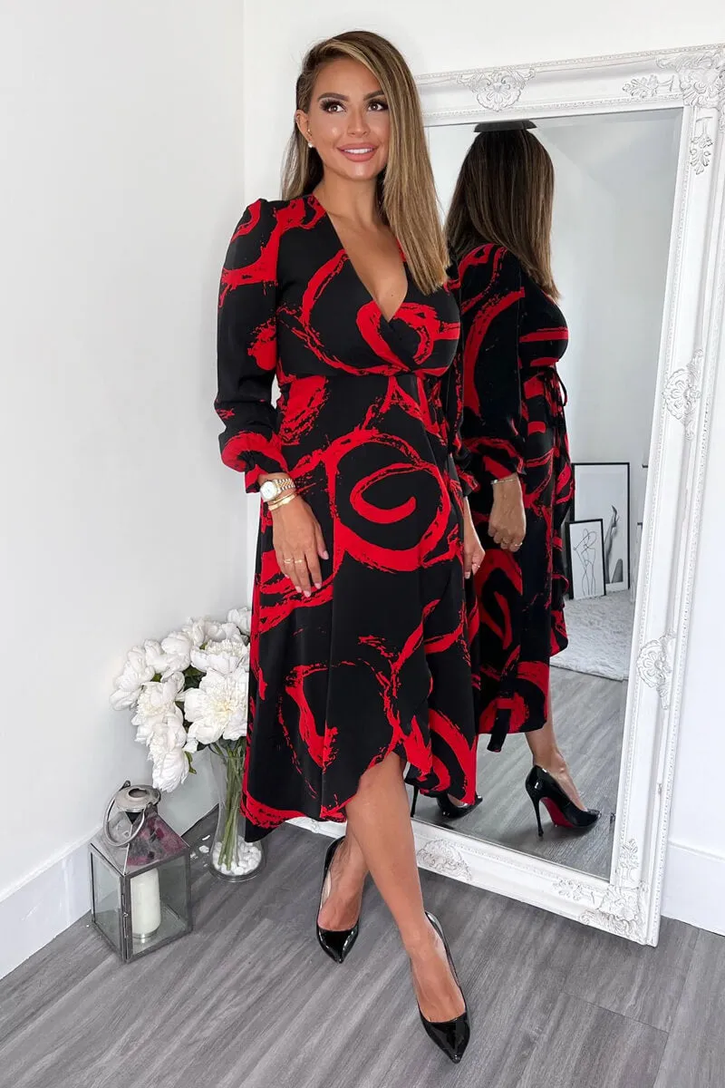 Black and Red Long Sleeve Wrap Midi Dress sold by AX Paris product image thumbnail 3