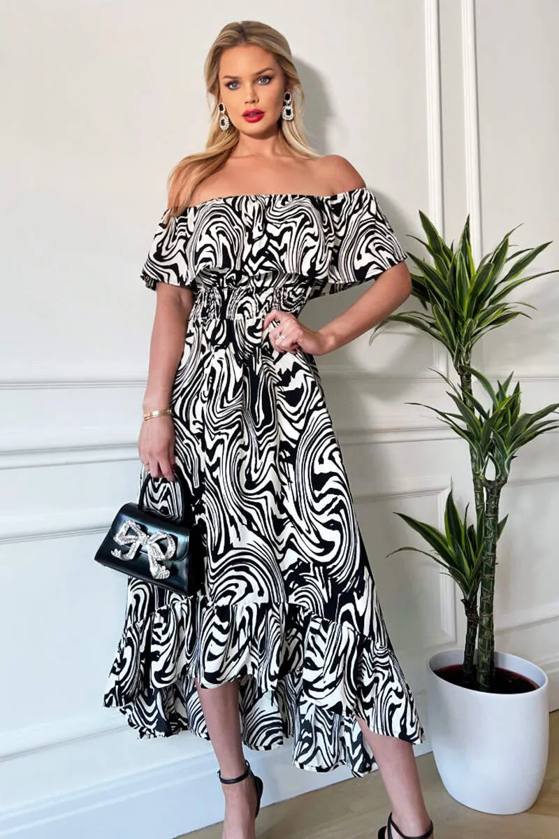 Black And White Printed Bardot Style Midi Dress sold by AX Paris product image thumbnail 4