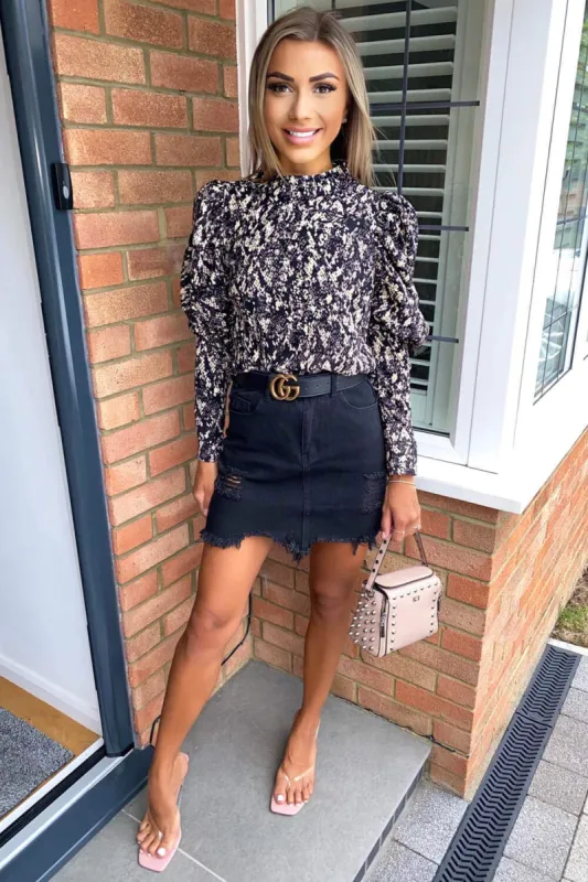 Black Printed Puff Sleeve Cuff Top sold by AX Paris