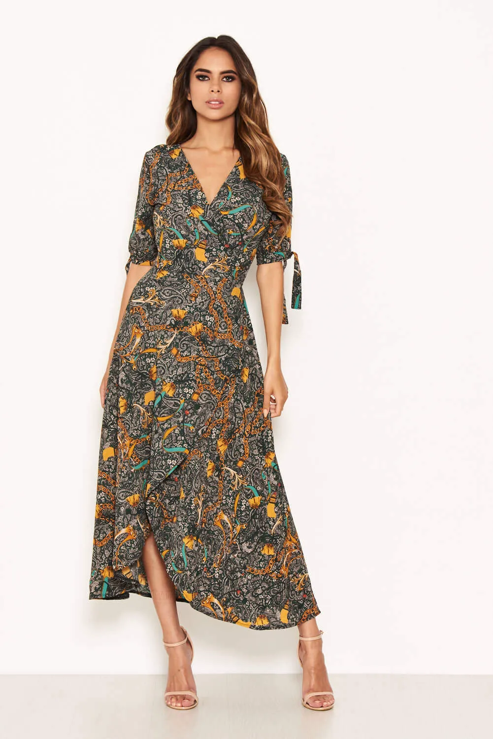 Green Printed Wrap Midi Dress With Tie Sleeves sold by AX Paris product image thumbnail 3