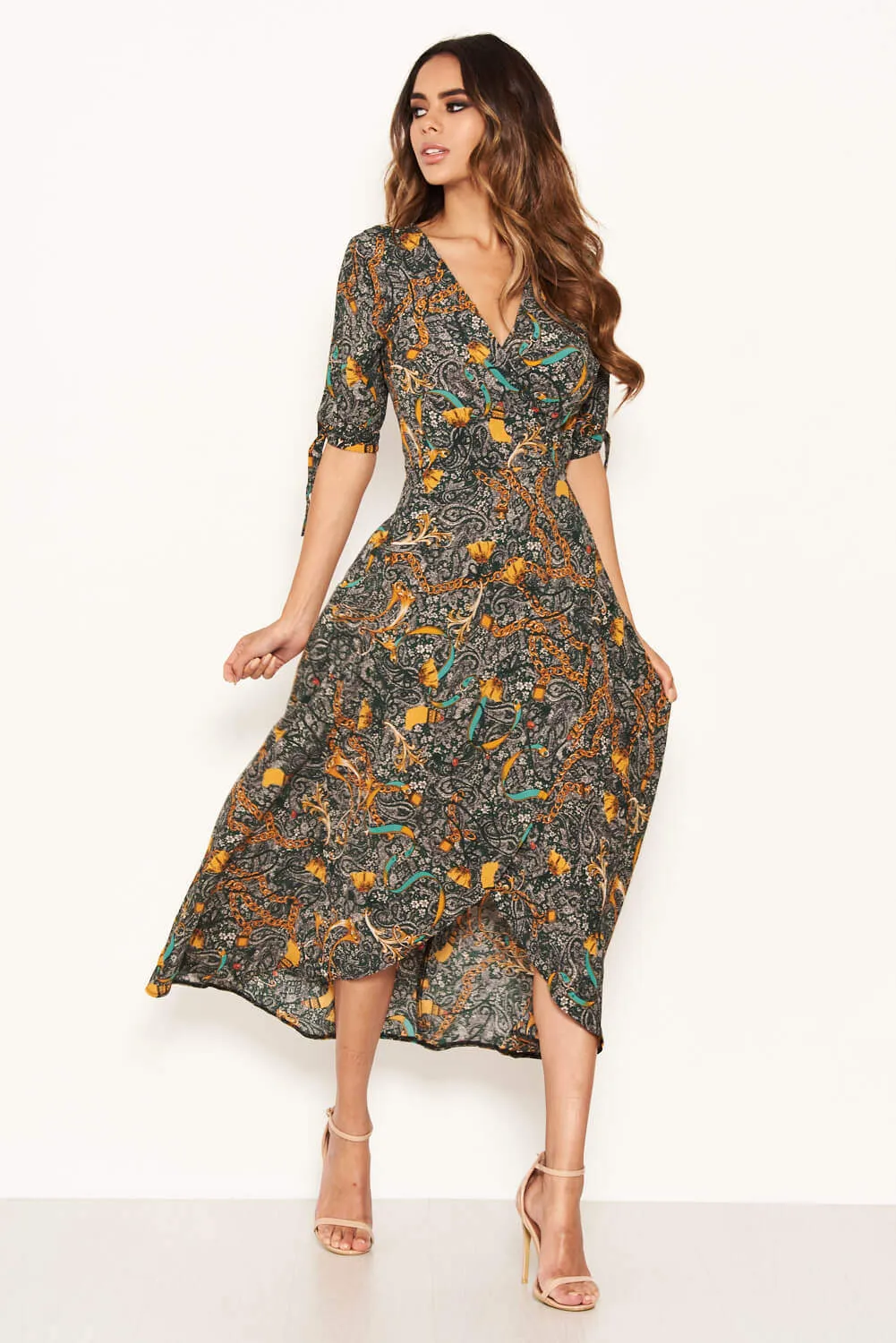 Green Printed Wrap Midi Dress With Tie Sleeves sold by AX Paris product image thumbnail 4