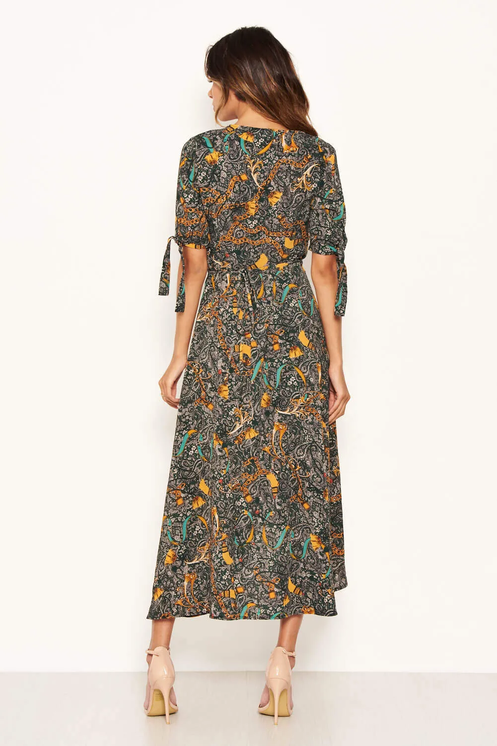 Green Printed Wrap Midi Dress With Tie Sleeves sold by AX Paris product image thumbnail 5