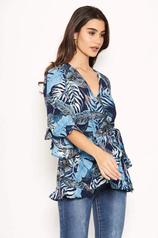 Navy Tropical Print Wrap Top sold by AX Paris