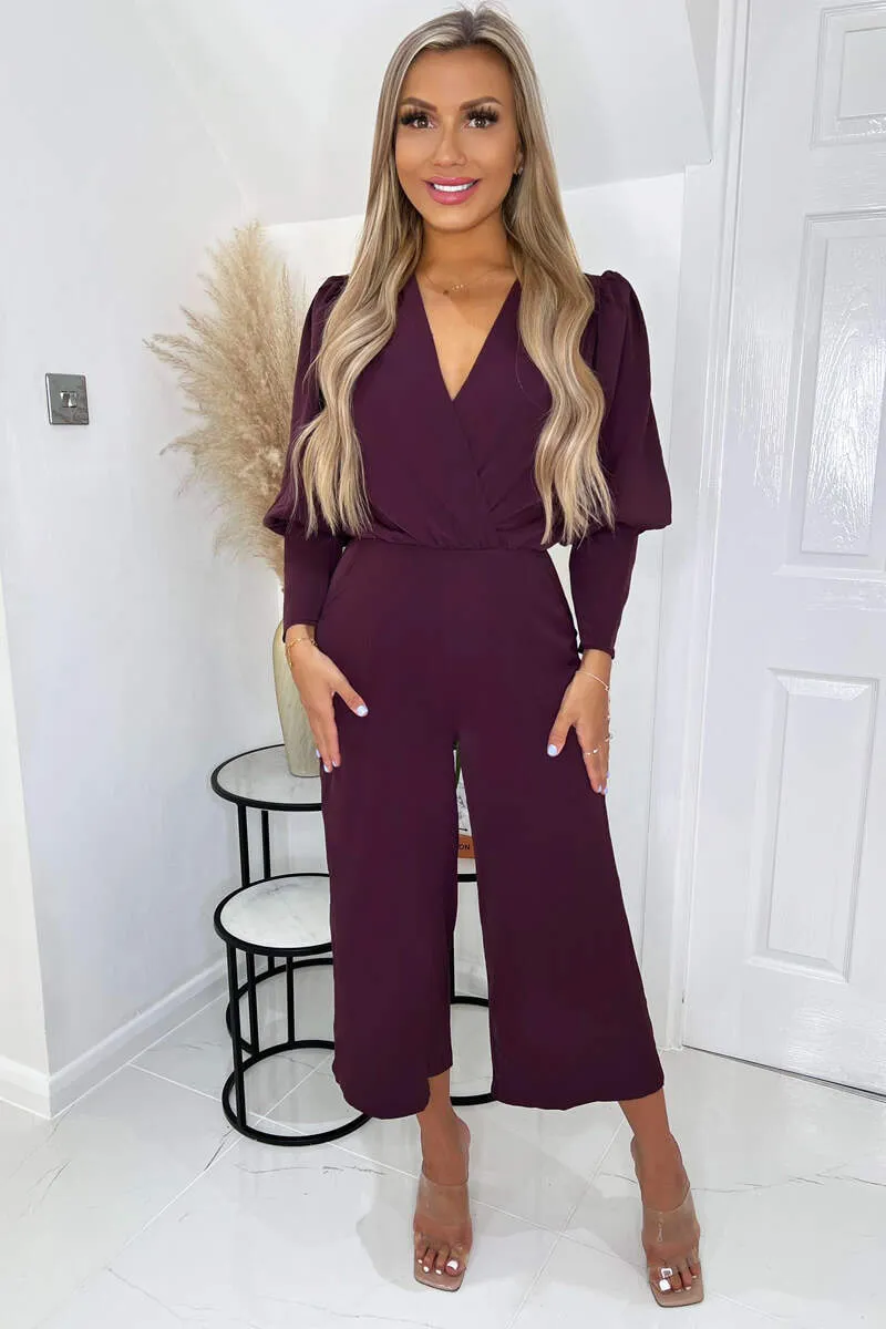 Plum Wrap Top Long Sleeve Culotte Jumpsuit sold by AX Paris