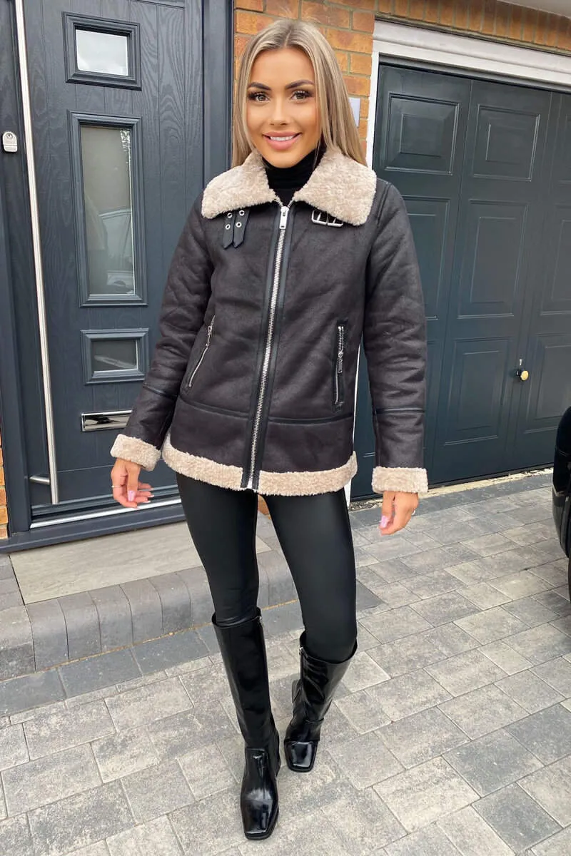 Black and Cream Faux Suede Aviator Jacket sold by AX Paris product image thumbnail 3