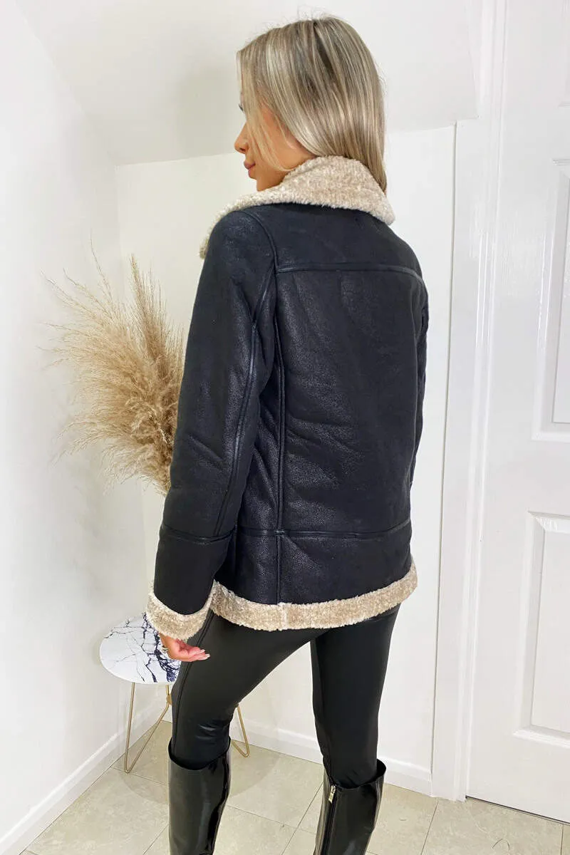 Black and Cream Faux Suede Aviator Jacket sold by AX Paris product image thumbnail 4