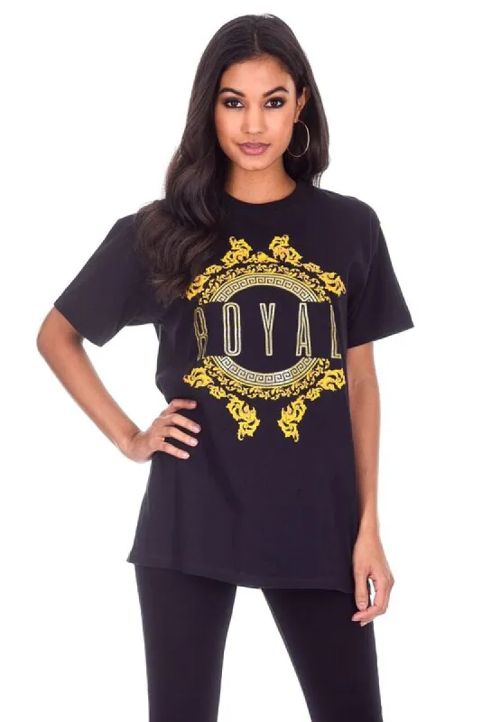 Black Royal Slogan T-Shirt sold by AX Paris