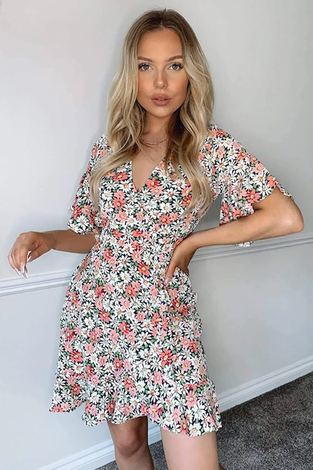 Pink Floral Wrap Frill Dress sold by AX Paris