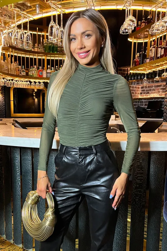 Khaki High Neck Long Sleeve Ruched Mesh Bodysuit sold by AX Paris