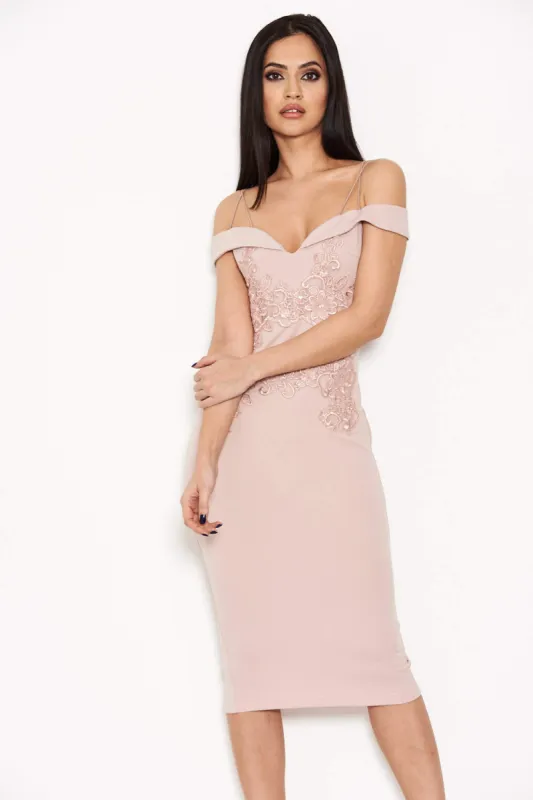 Mushroom Off The Shoulder Lace Midi Dress With Delicate Straps sold by AX Paris