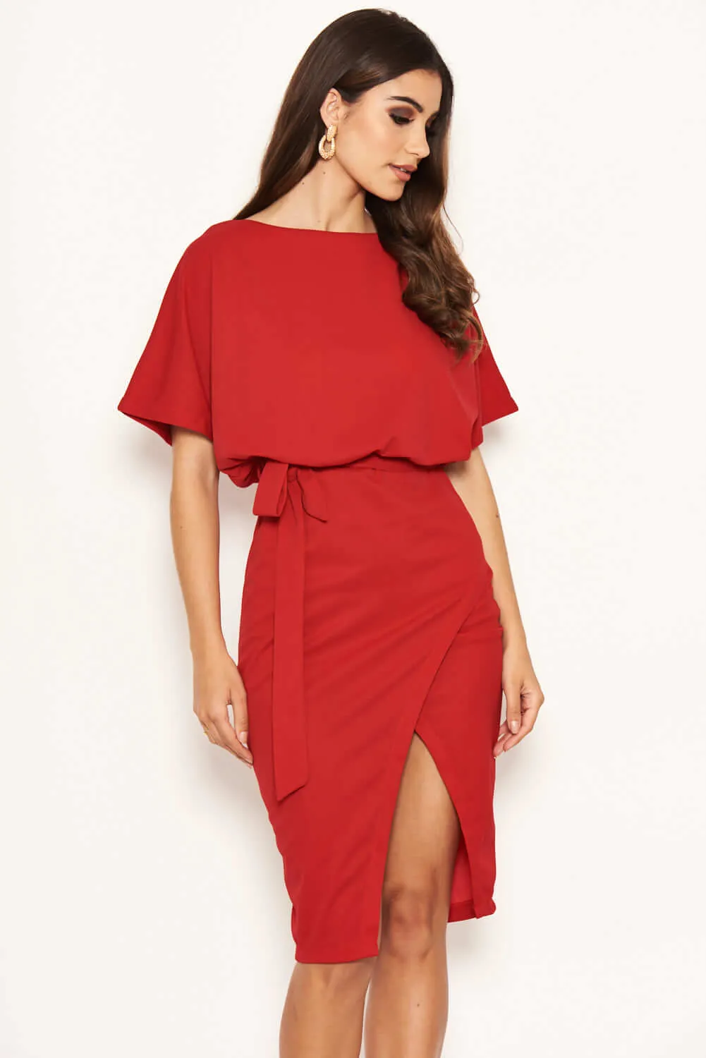 Red Tie Waist Midi Dress sold by AX Paris product image thumbnail 2