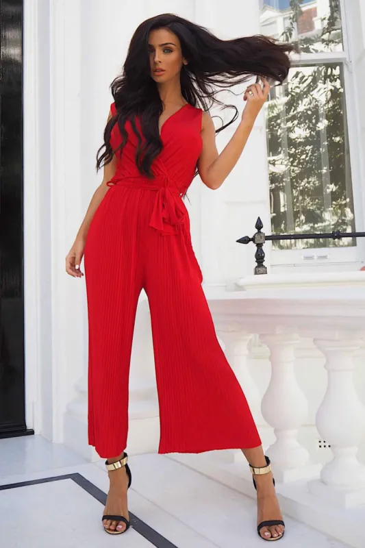 Red Culotte Pleated Tie-Waist Jumpsuit sold by AX Paris