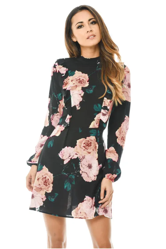 High Neck Black Floral Mini Dress sold by AX Paris