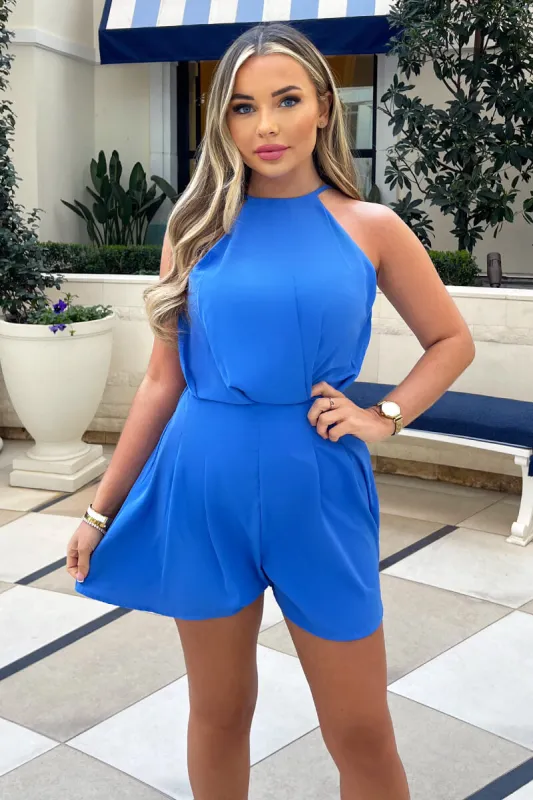 Blue High Neck Playsuit sold by AX Paris