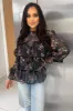 Black Floral Sheer Frill Long Sleeve Top sold by AX Paris