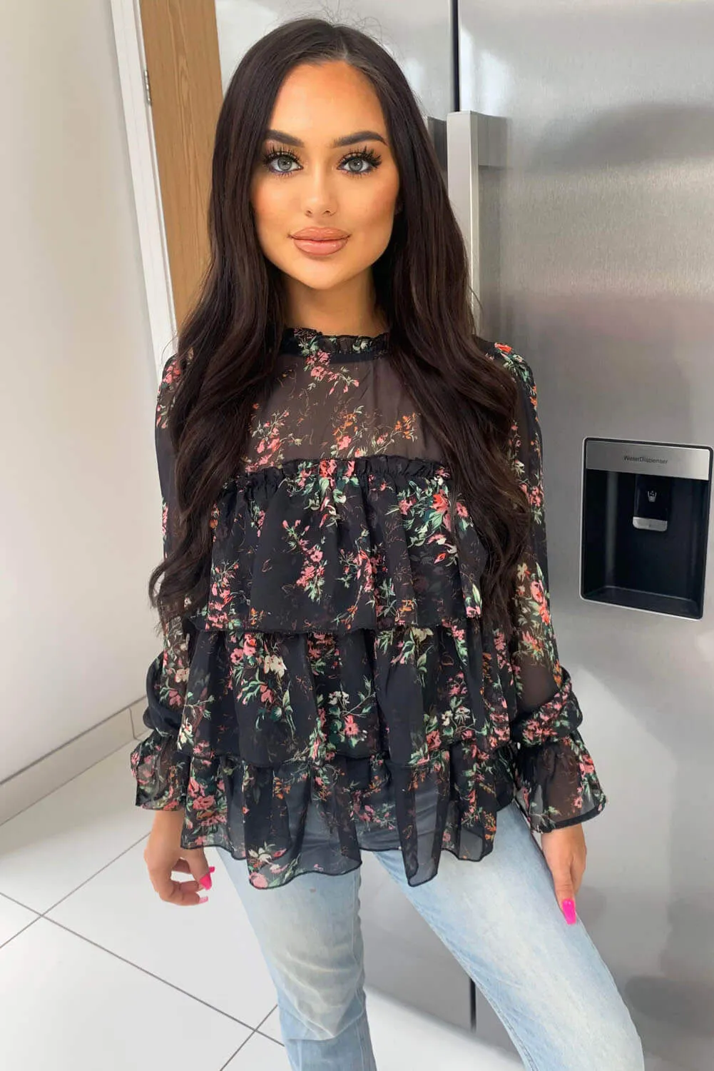 Black Floral Sheer Frill Long Sleeve Top sold by AX Paris