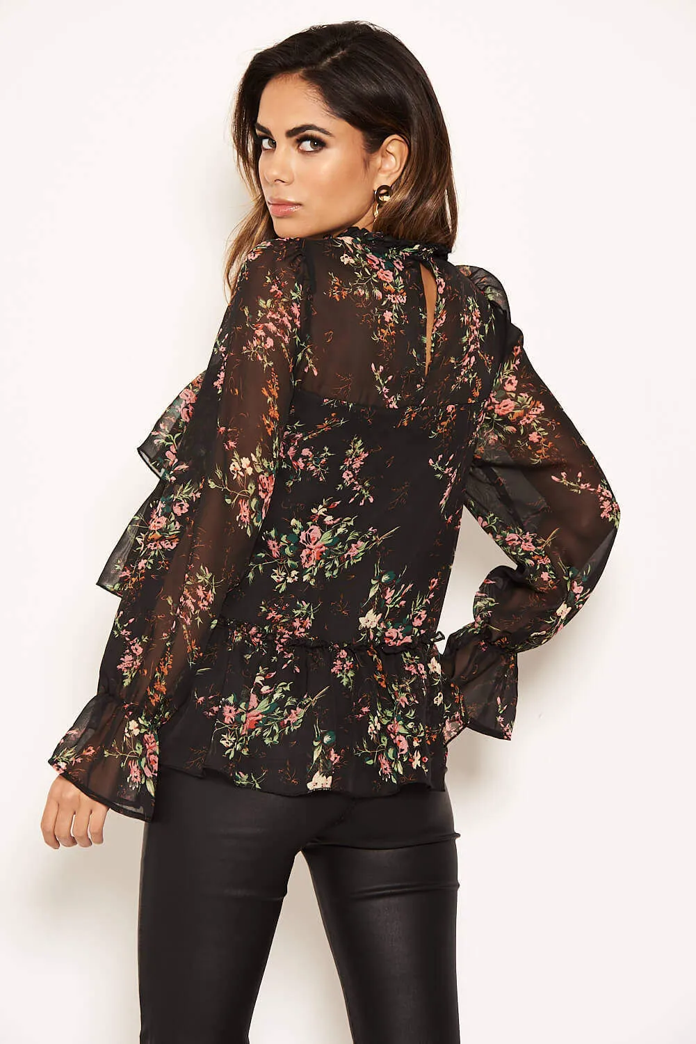 Black Floral Sheer Frill Long Sleeve Top sold by AX Paris product image thumbnail 5
