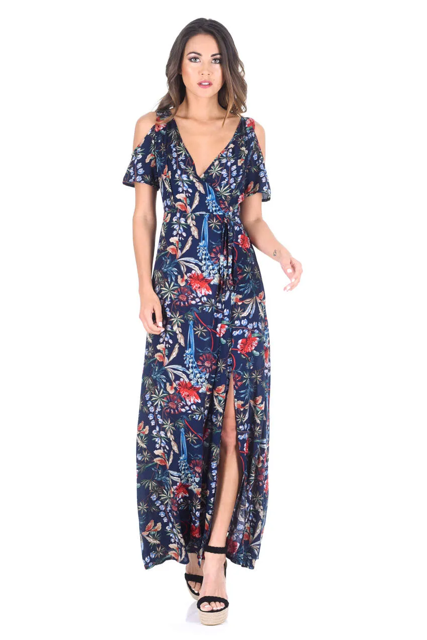 Navy Floral Cold Shoulder Printed Maxi Dress sold by AX Paris