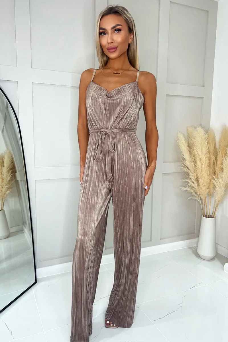 Taupe Plisse Cowl Neck Jumpsuit sold by AX Paris