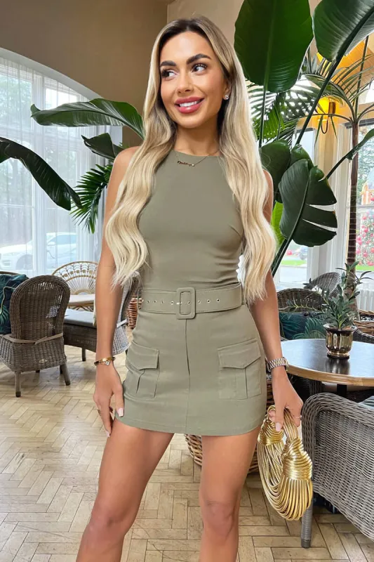 Khaki Stretch Cotton Round Neck Belted Skort Playsuit sold by AX Paris