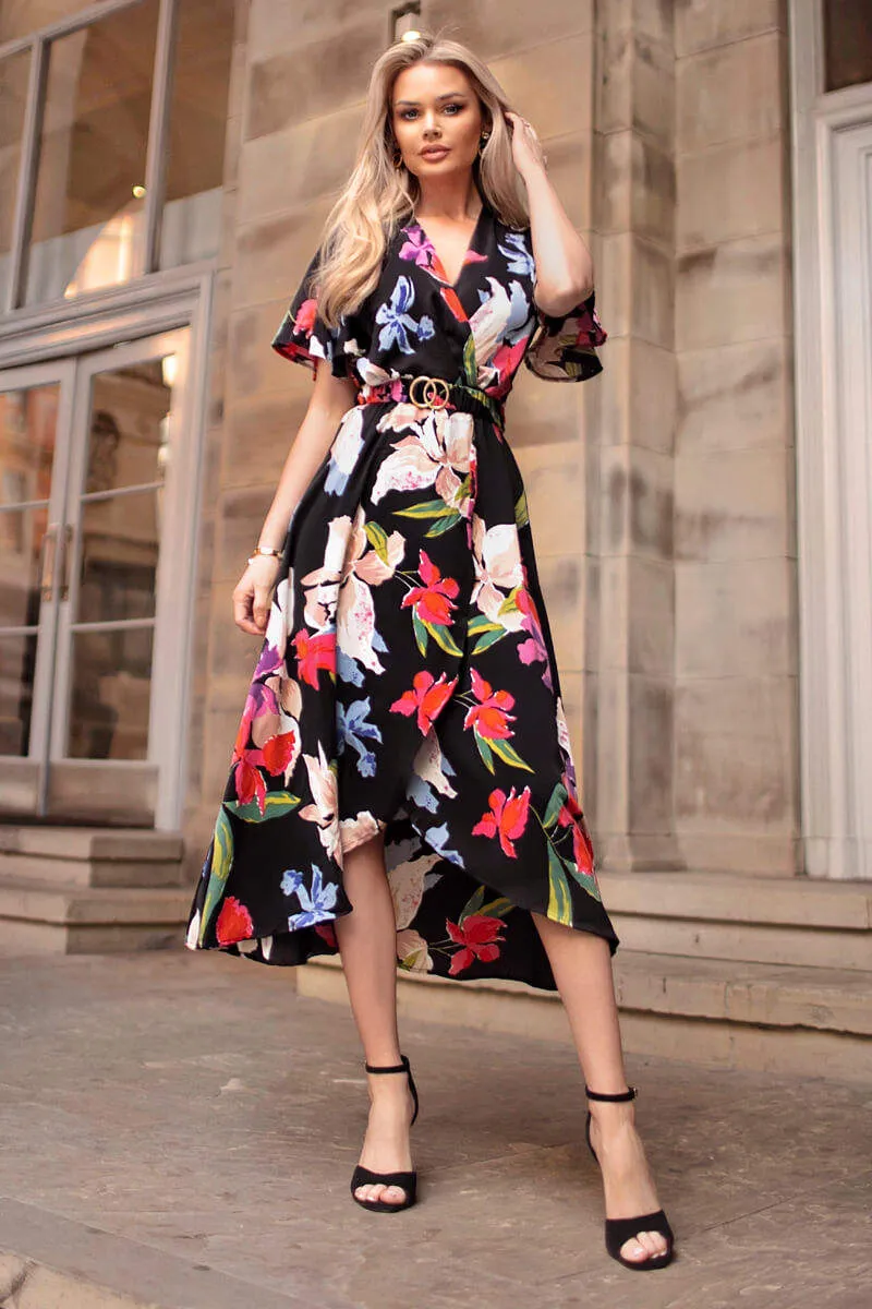 Multi Floral Printed Short Sleeve Belted Wrap Midi Dress sold by AX Paris