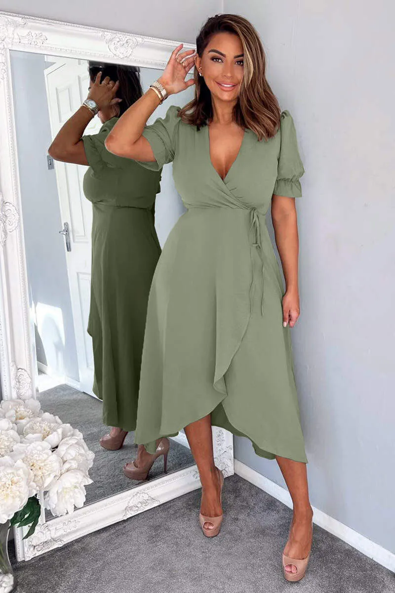 Khaki Wrap Side Tie Midi Dress sold by AX Paris
