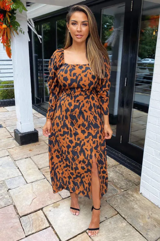 Camel Animal Print Square Neck Midi Dress sold by AX Paris