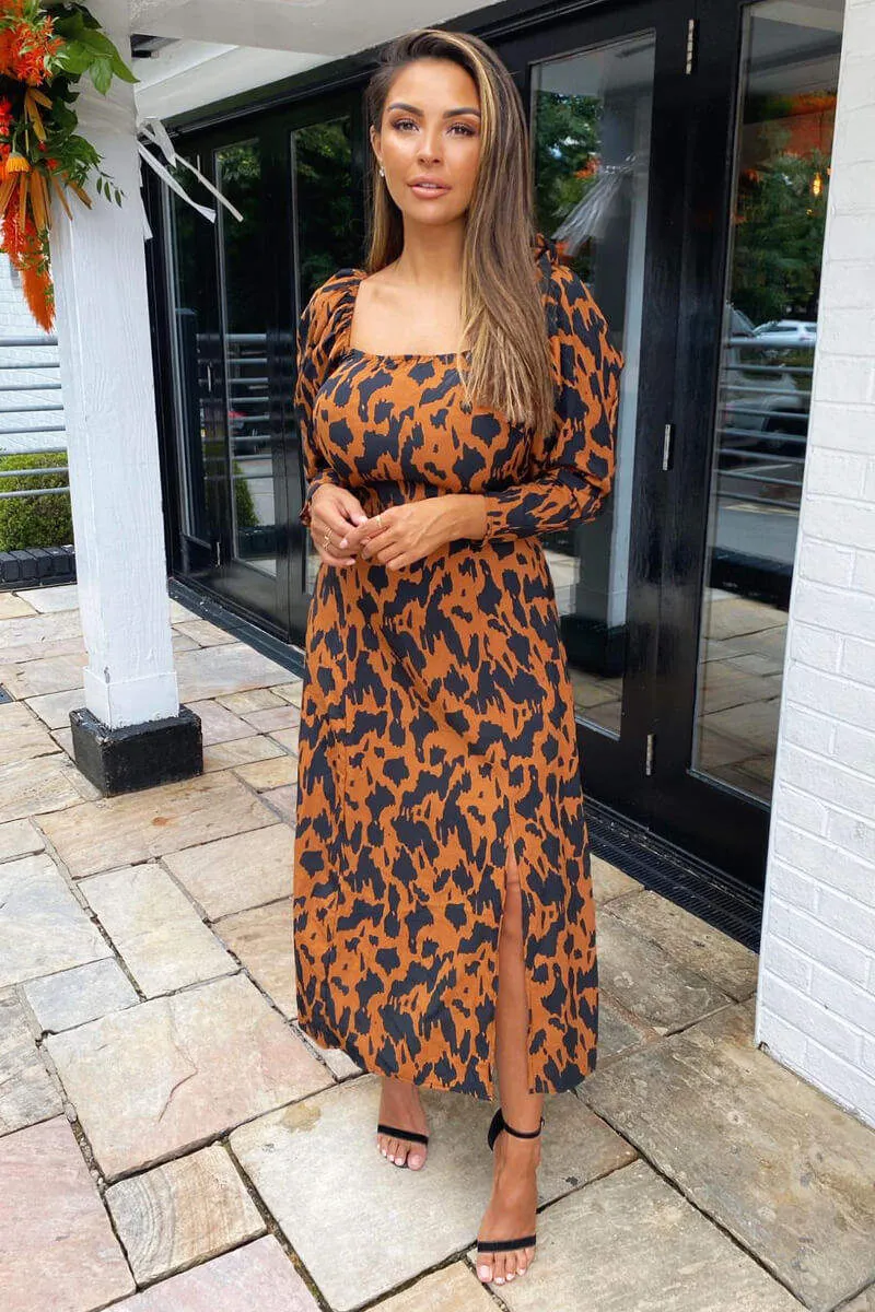 Camel Animal Print Square Neck Midi Dress sold by AX Paris product image thumbnail 3