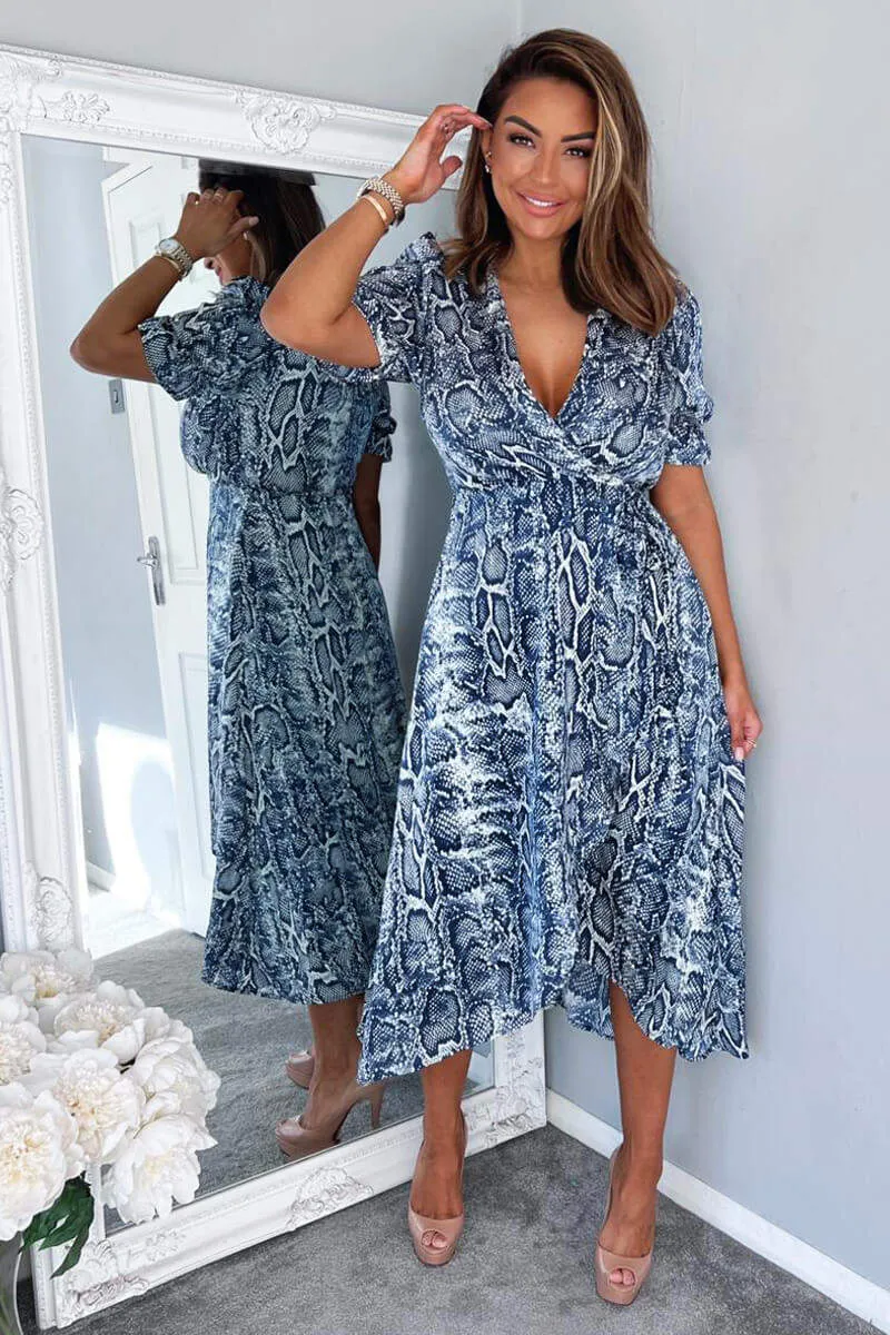 Blue Snake Print Tie Side Wrap Midi Dress sold by AX Paris product image thumbnail 2
