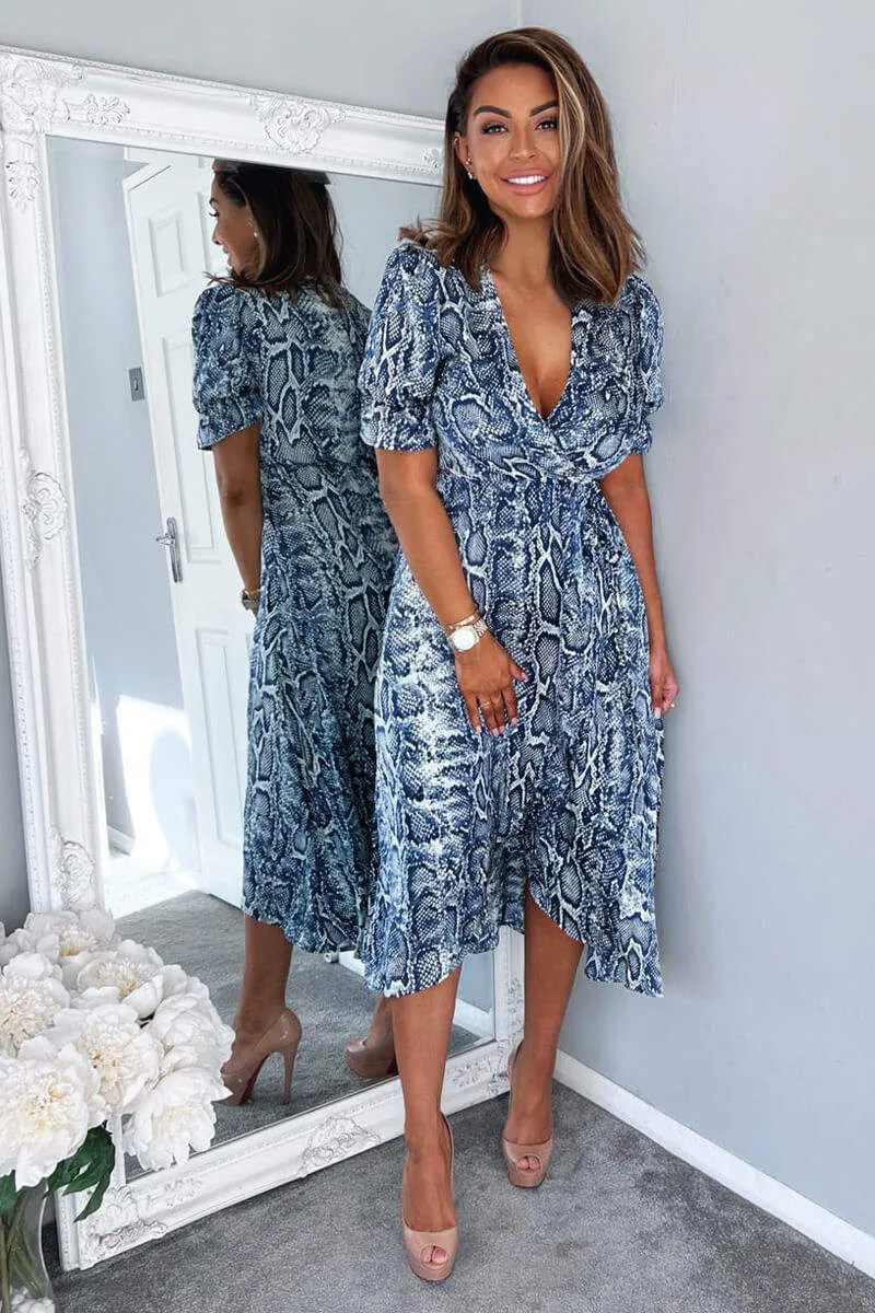Blue Snake Print Tie Side Wrap Midi Dress sold by AX Paris product image thumbnail 3