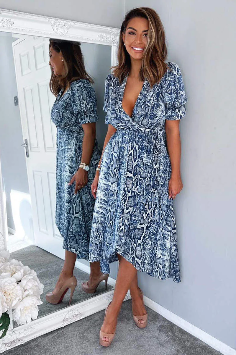 Blue Snake Print Tie Side Wrap Midi Dress sold by AX Paris product image thumbnail 4