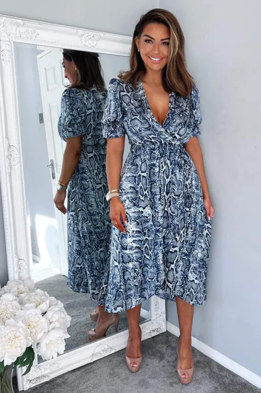 Blue Snake Print Tie Side Wrap Midi Dress sold by AX Paris