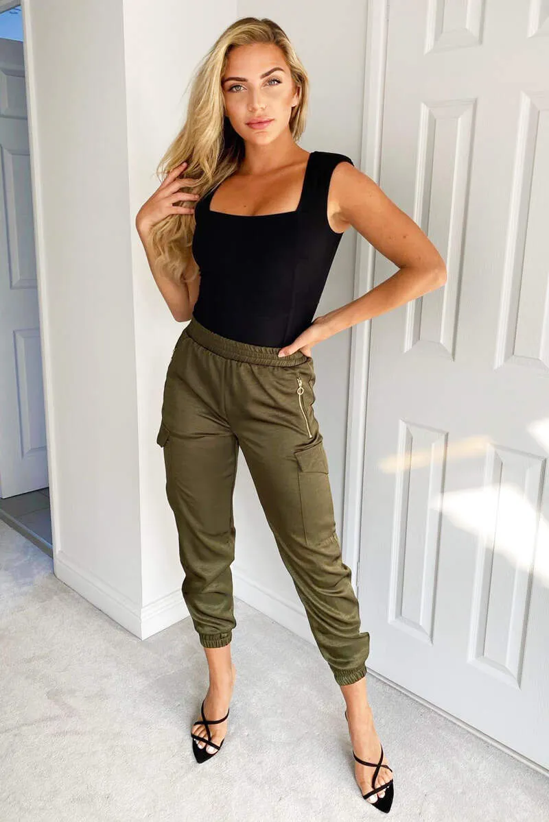 Olive Silky Cargo Pants sold by AX Paris
