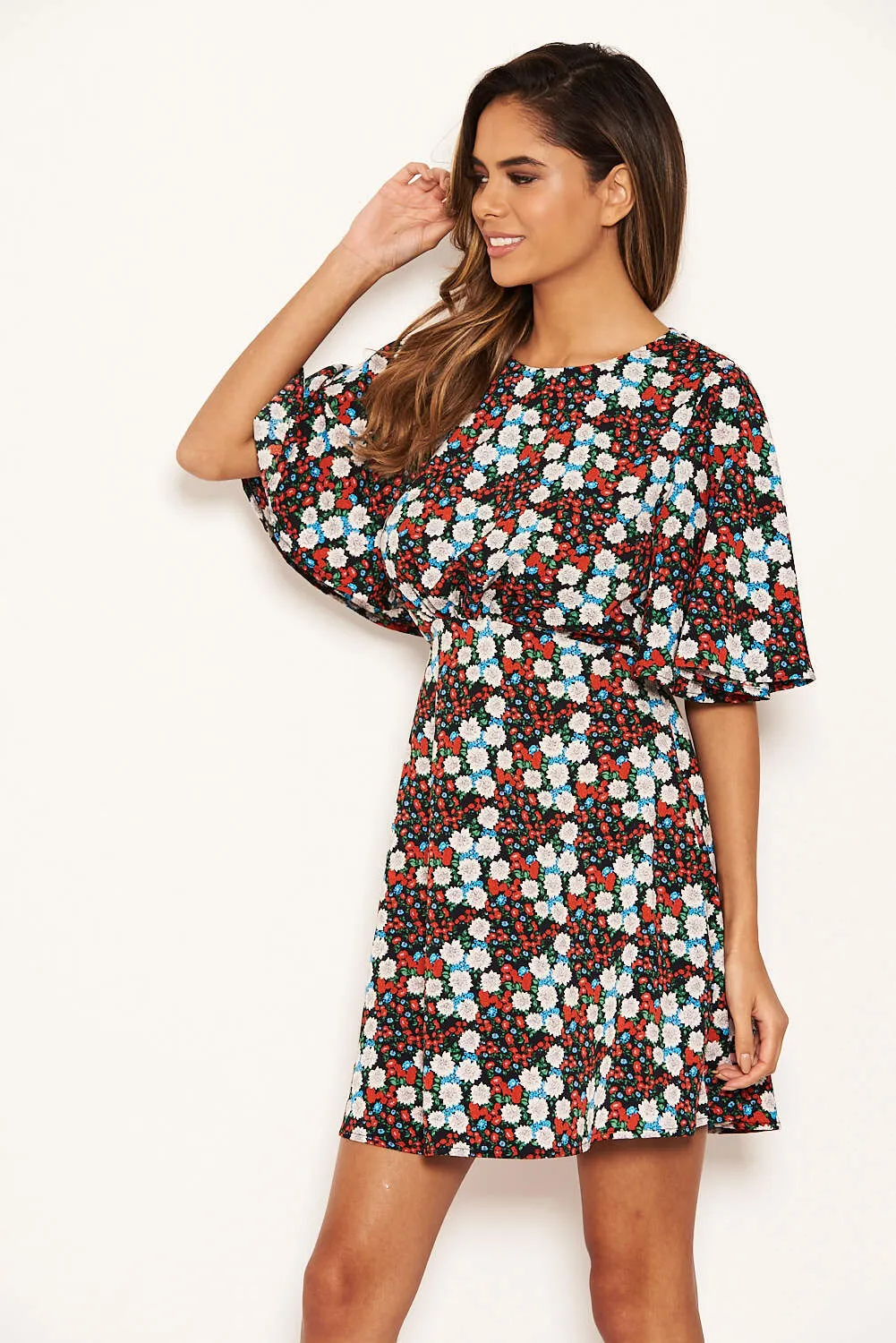 Red Floral Wide Sleeve Skater Dress sold by AX Paris product image thumbnail 3