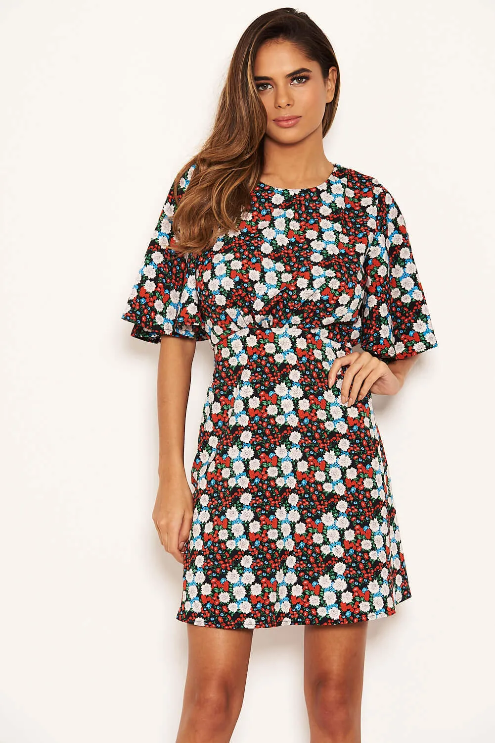 Red Floral Wide Sleeve Skater Dress sold by AX Paris product image thumbnail 4