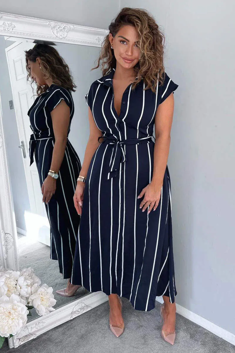 Navy Striped Short Sleeve Midi Shirt Dress sold by AX Paris product image thumbnail 3