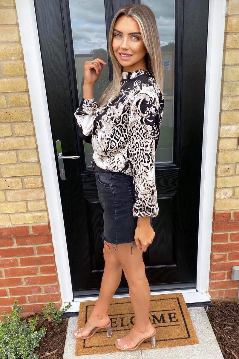 Black Mixed Print High Neck Frill Top sold by AX Paris product image thumbnail 4