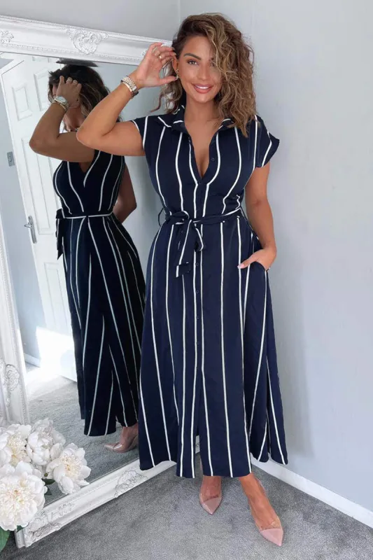 Navy Striped Short Sleeve Midi Shirt Dress sold by AX Paris