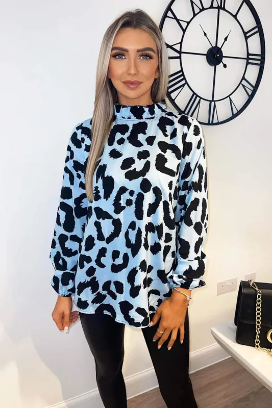 Blue Animal Print High Neck Long Sleeve Top sold by AX Paris