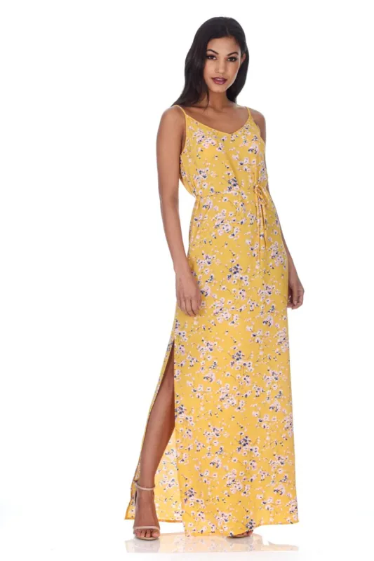 Yellow Floral Print Thigh Split Maxi Dress sold by AX Paris
