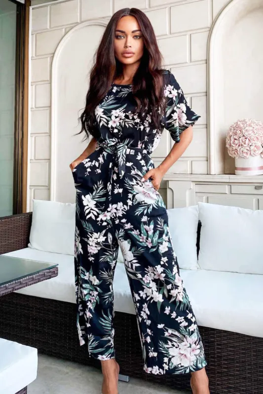 Black Floral Crew Neck Culotte Jumpsuit sold by AX Paris
