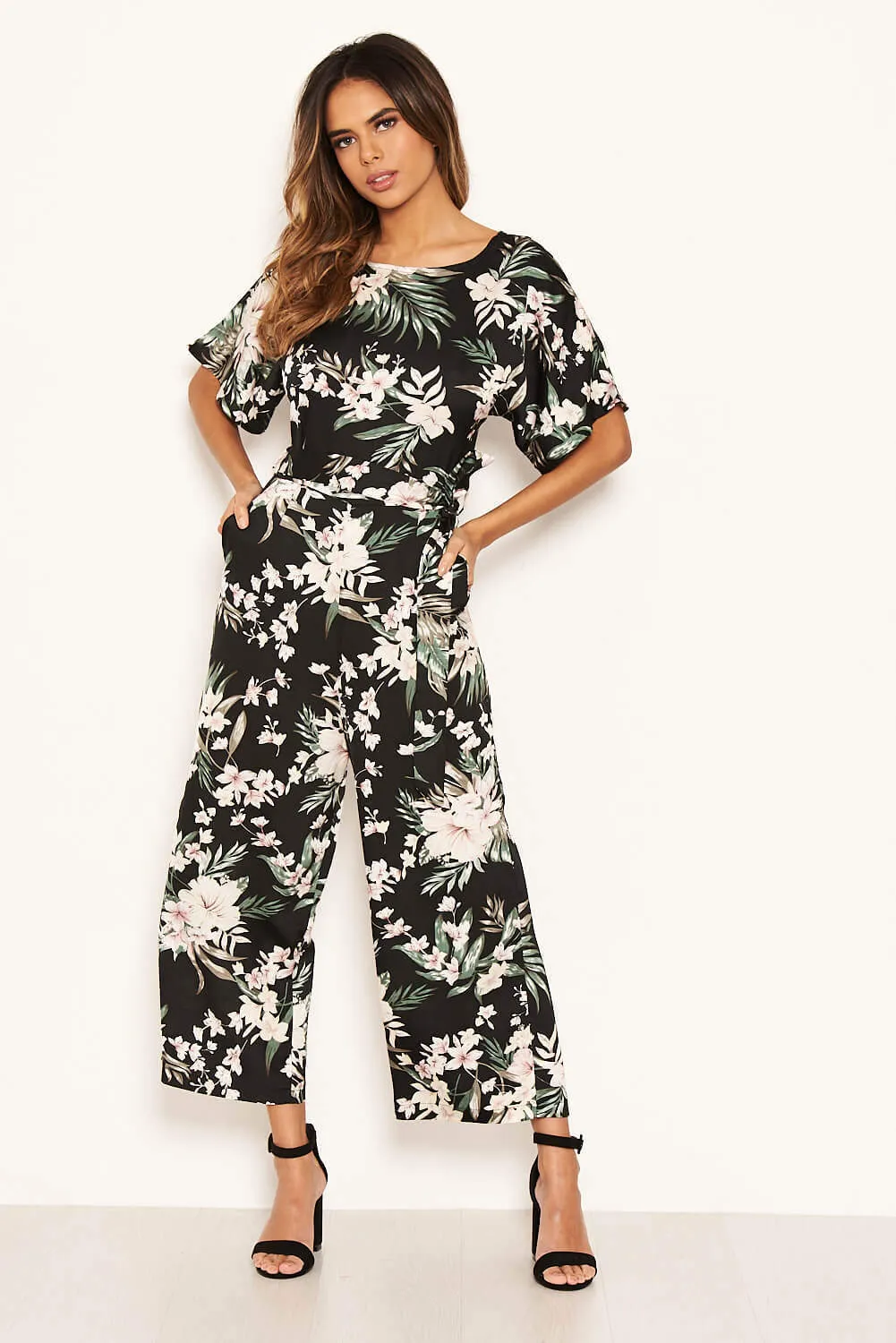 Black Floral Crew Neck Culotte Jumpsuit sold by AX Paris product image thumbnail 3