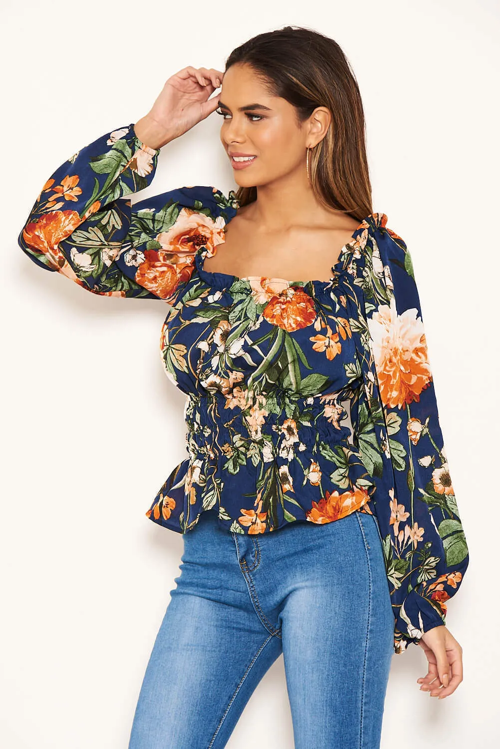 Navy Floral Square Neck Top sold by AX Paris